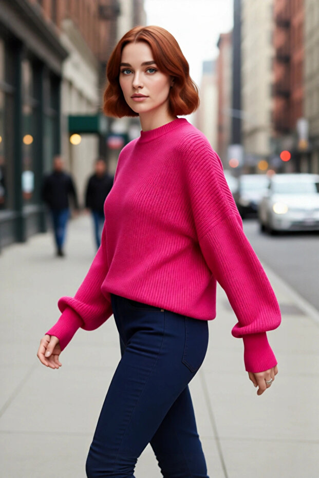 Women's Oversize Balloon Sleeve Thessaloniki Woven Crew Neck Long Plain Basic Knitwear Sweater 100% Acrylic