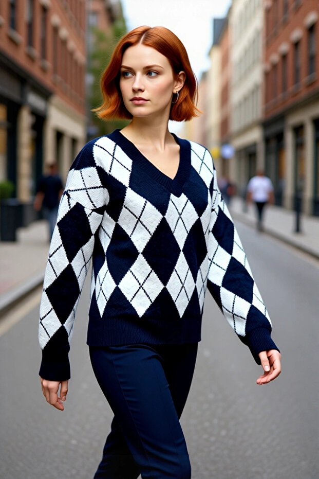 Women's Ecru Gray Oversized V-Neck Diamond Pattern Low-Sleeve Thick Knit Sweater for Your Winter Outfits