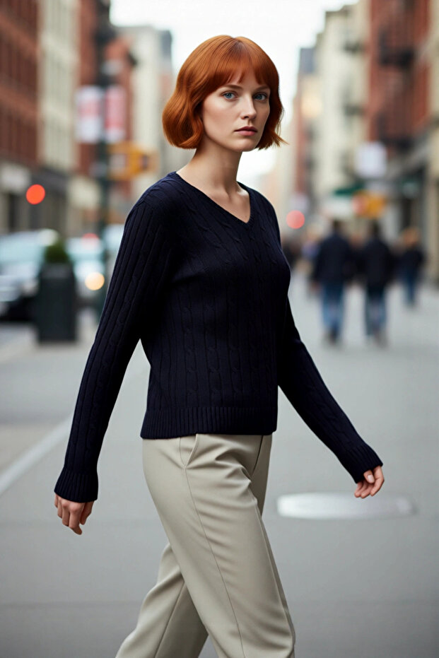 Women's Navy Blue Hair Knit V-Neck Sweater Regular Fit Long Sleeve Basic Daily Chic Quality