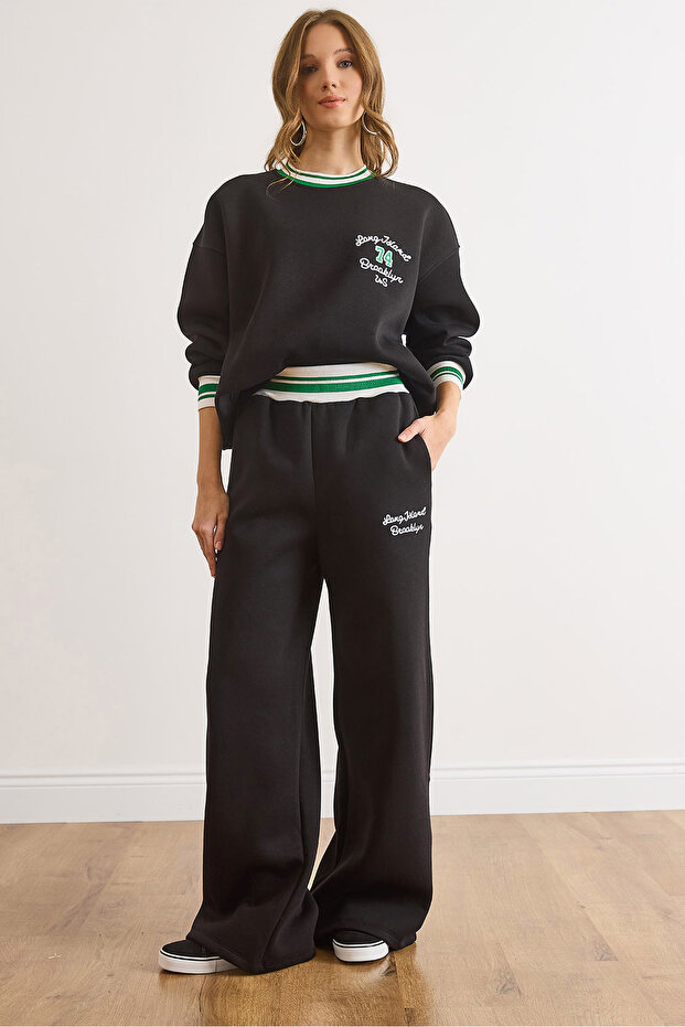 Women's Black Stripe Detailed Embroidered Thick Tracksuit Set Etkm-0000086