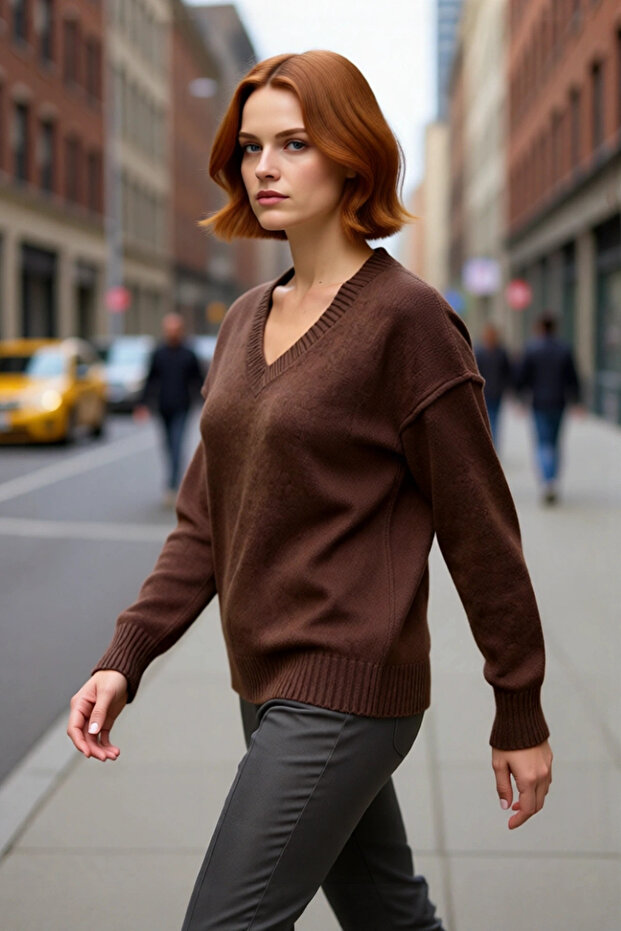 Oversized V-Neck Knit Sweater for Women with Drop Shoulders in Tall Brown Offers Comfortable Chic