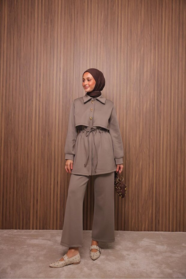 Scuba Fabric Tie-Waist Pants Hijab Two-Piece Set