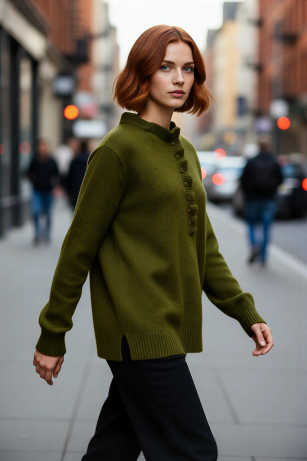 Women's Regular Fit Button Detail Collar Soft Textured Long Sleeve Knitwear Sweater for Everyday Chic