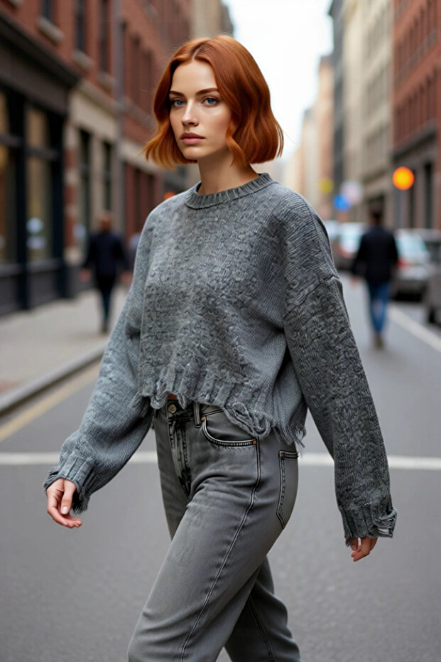 Women's Oversized Knit Crop Sweater with Low Sleeves and Flowing Detail Offers Modern Chic with Its Soft Texture