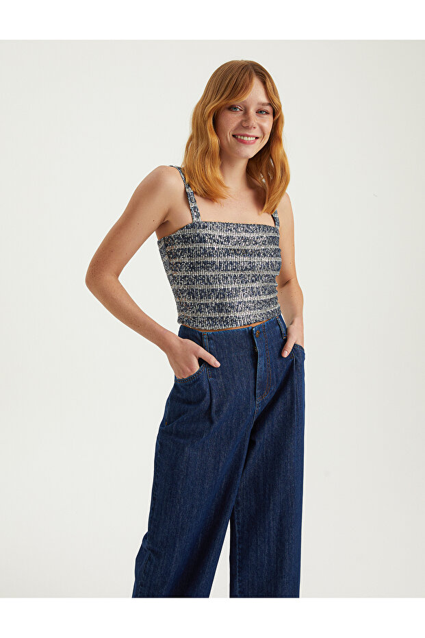 Baskılı İnce Askı Payet Bluz - 3