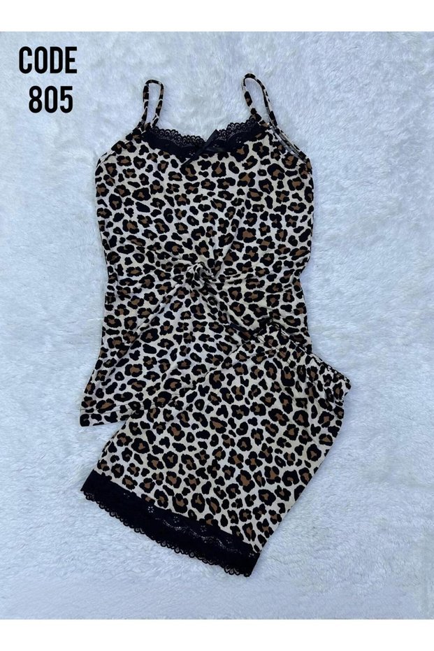 Women's Leopard Print Strap Shorts Pajama Set Lace Detailed Nightgown Dowry Patterned Soft