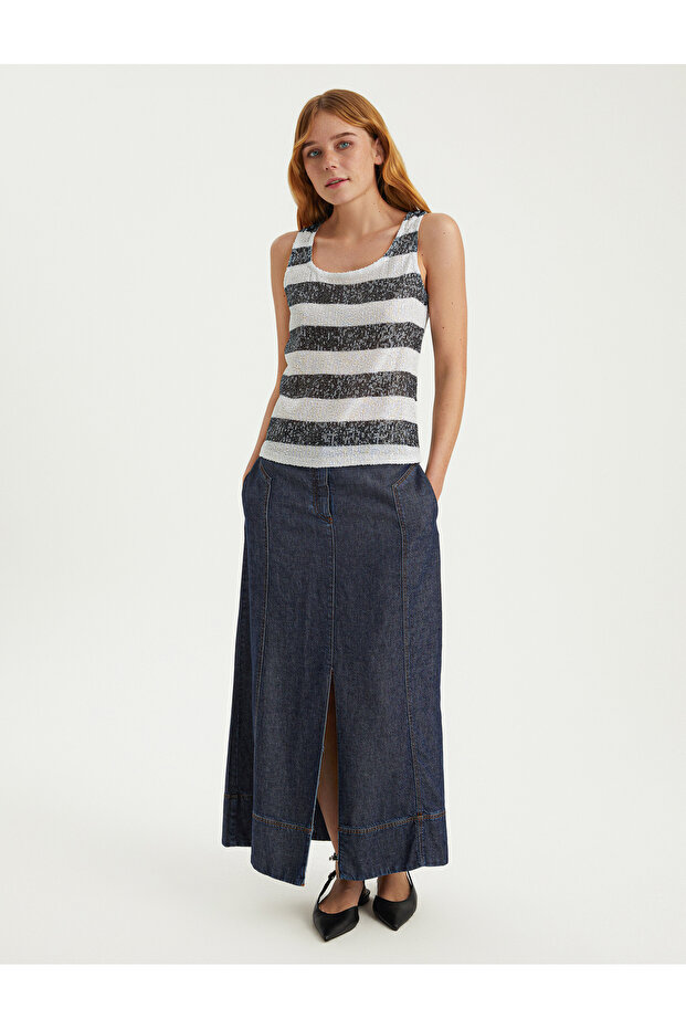 Baskılı Kalın Askı Payet Bluz - 1