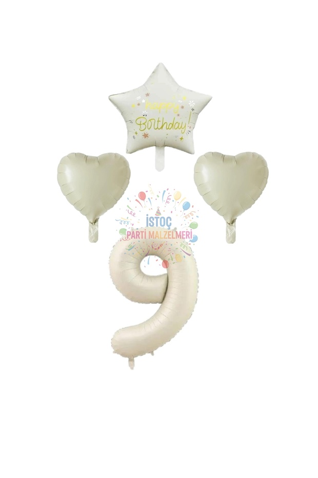 Istoch Cream Color Number Happy Birthday Written Star and Heart Foil Balloon Set Age 9
