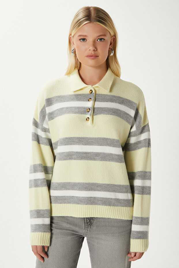 Otto Soft Textured Polo Neck Yellow Gray Striped Sweater