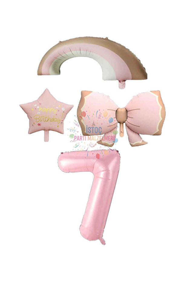 Pink Color Bow Rainbow Star and Number Foil Balloon Set Age 7