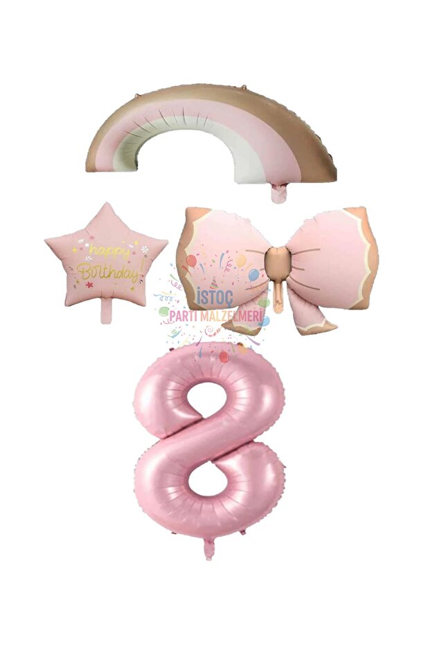İstoç Pink Color Bow Rainbow Star and Number Foil Balloon Set Age 8