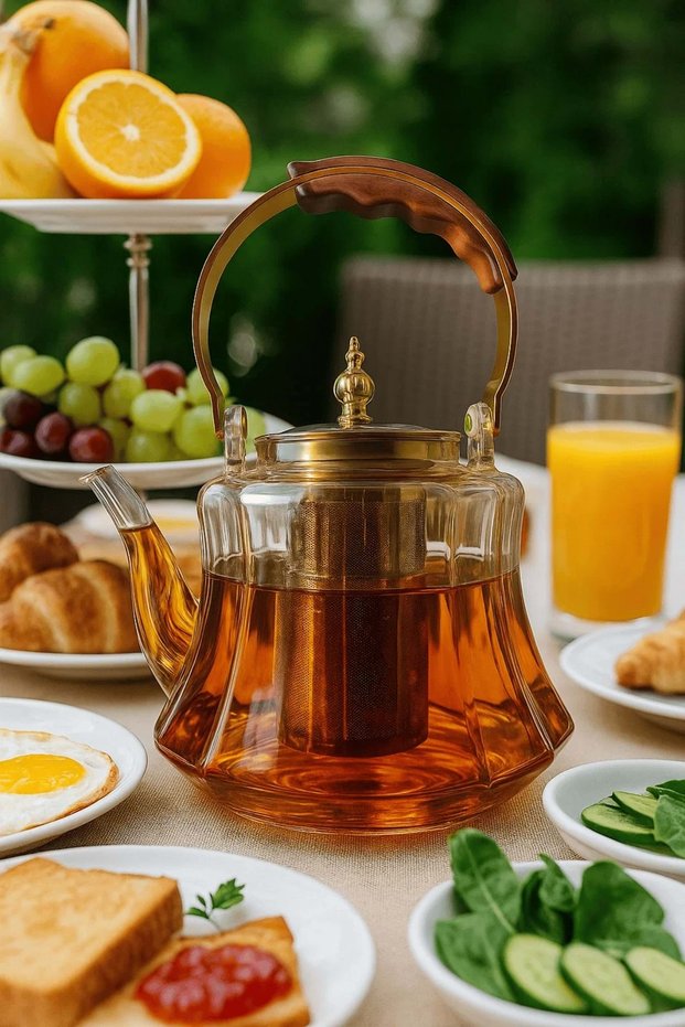 Heat Resistant Borosilicate Amber Glass Teapot with Wooden Handle – 1200 ml Glass Teapot with Strainer