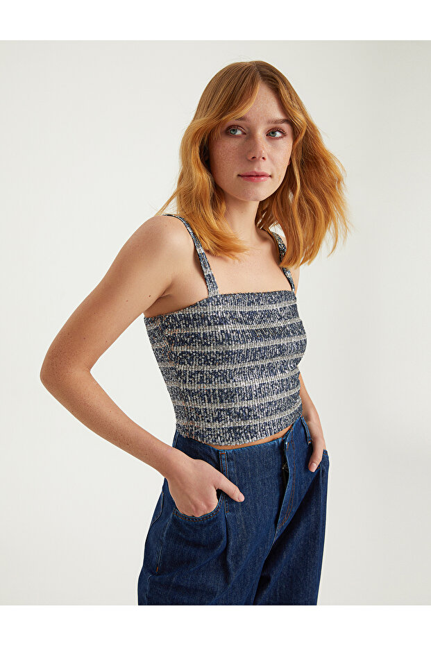 Baskılı İnce Askı Payet Bluz - 5