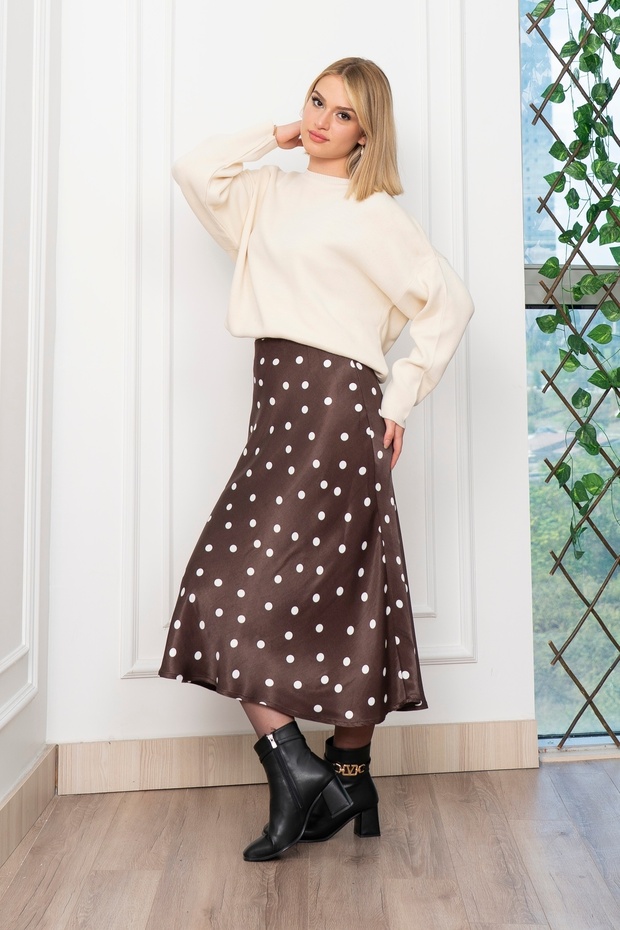 Women's Winter Brown Polka Dot Elastic Waist Satin Viscose Skirt Stylish Daily Comfortable 6822