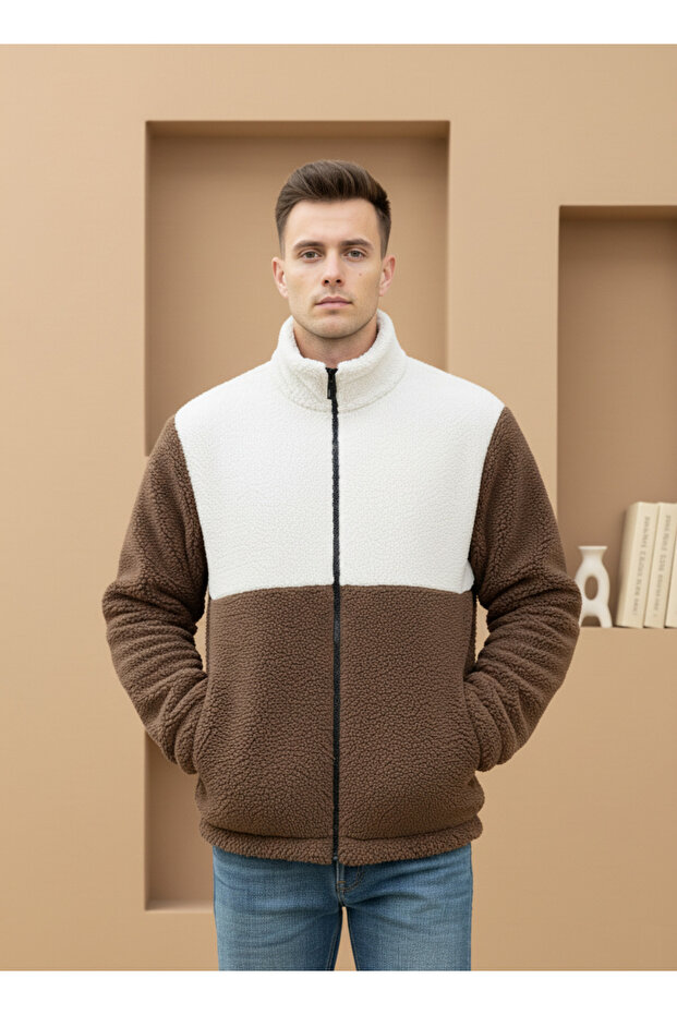 Trendy, Unisex, Brown-White, Color Block, Zippered, Stand Collar, Sherpa, Fleece, Jacket