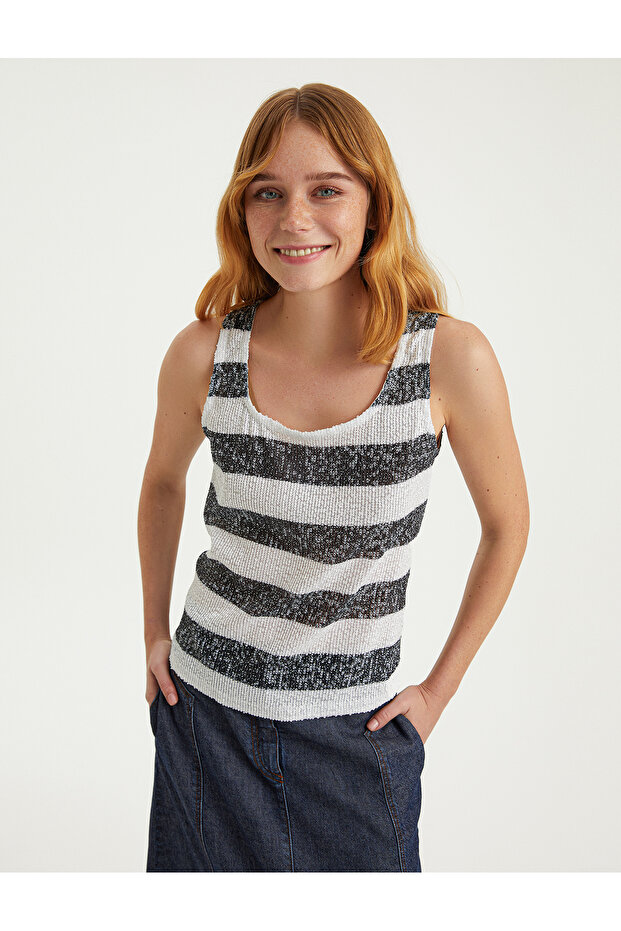 Baskılı Kalın Askı Payet Bluz - 3