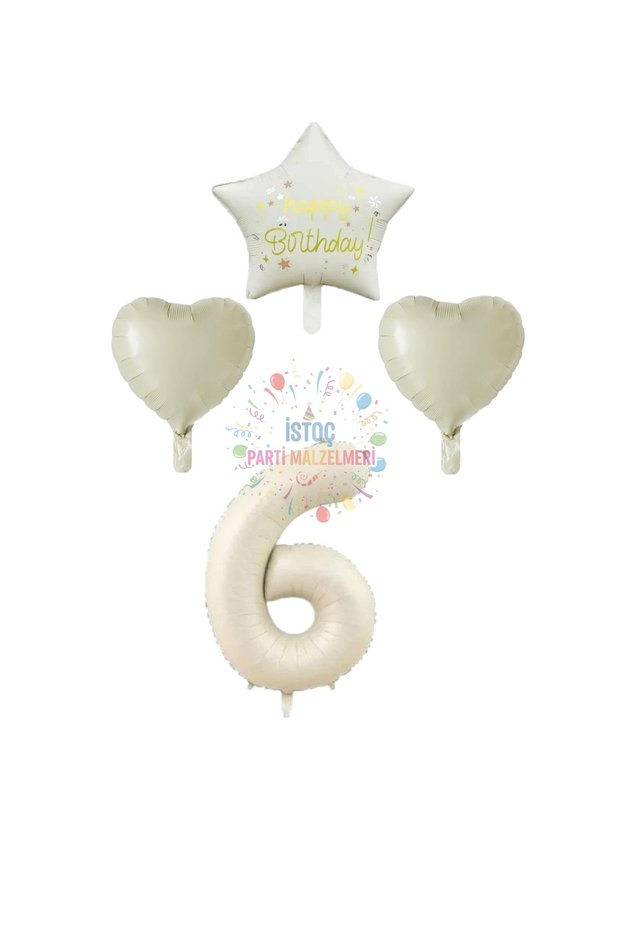 İstoç Cream Color Number Happy Birthday Written Star and Heart Foil Balloon Set Age 6