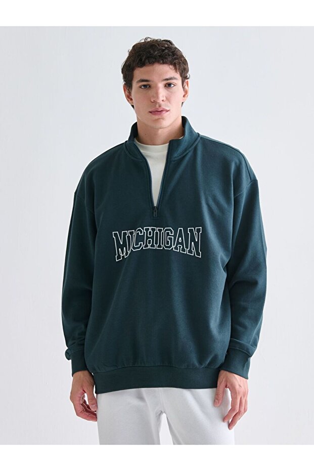 Xside Petrol Michigan Printed Stand Collar Printed Men's Sweatshirt
