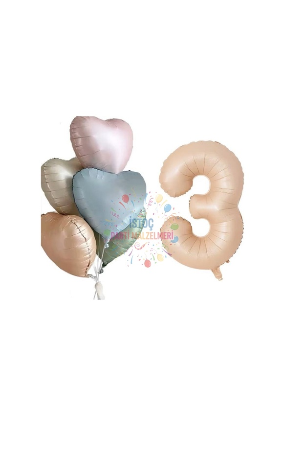 Sand Beige Number and Heart Foil Balloon Set Age 3
