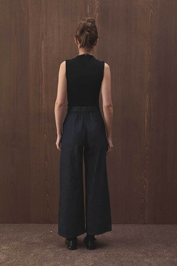Yüksek Bel Minimal Denim Lacivert Pantolon - 6