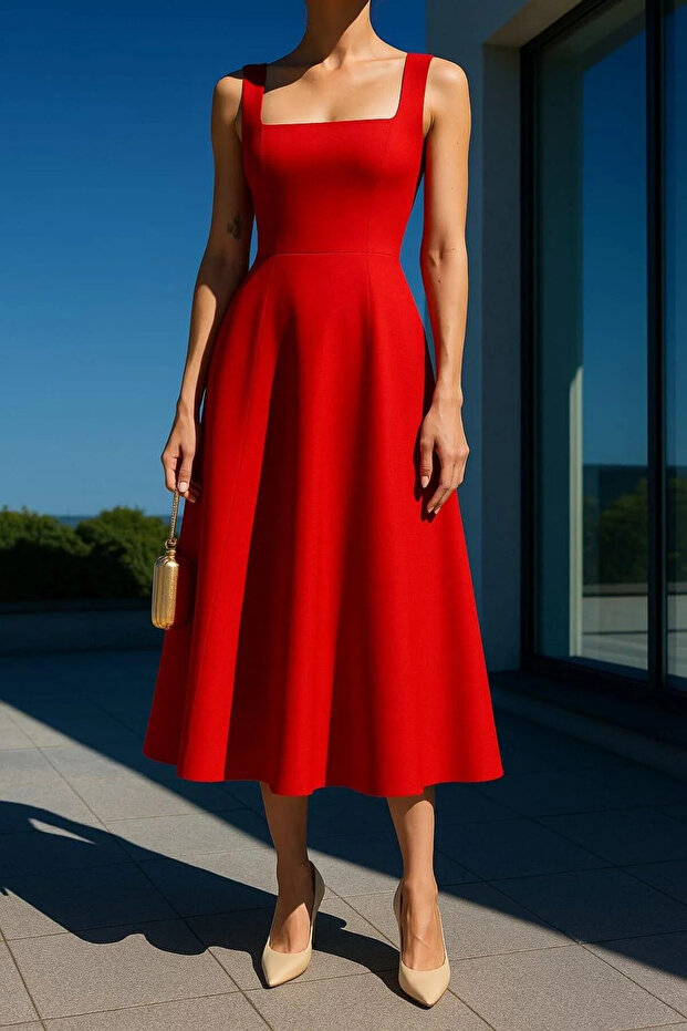 Women's Square Collar Thick Strap Design Midi Length Dress Red