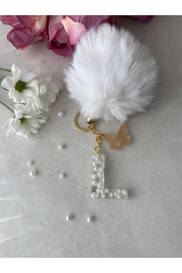 L Letter Pearl Detailed Keychain & Charm [with Pompom Option]