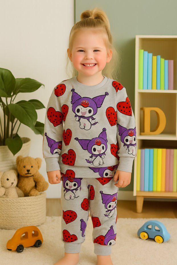 Girls' 100% Cotton Gray Kuromi Heart Printed Pajama Set with Shardon Detail