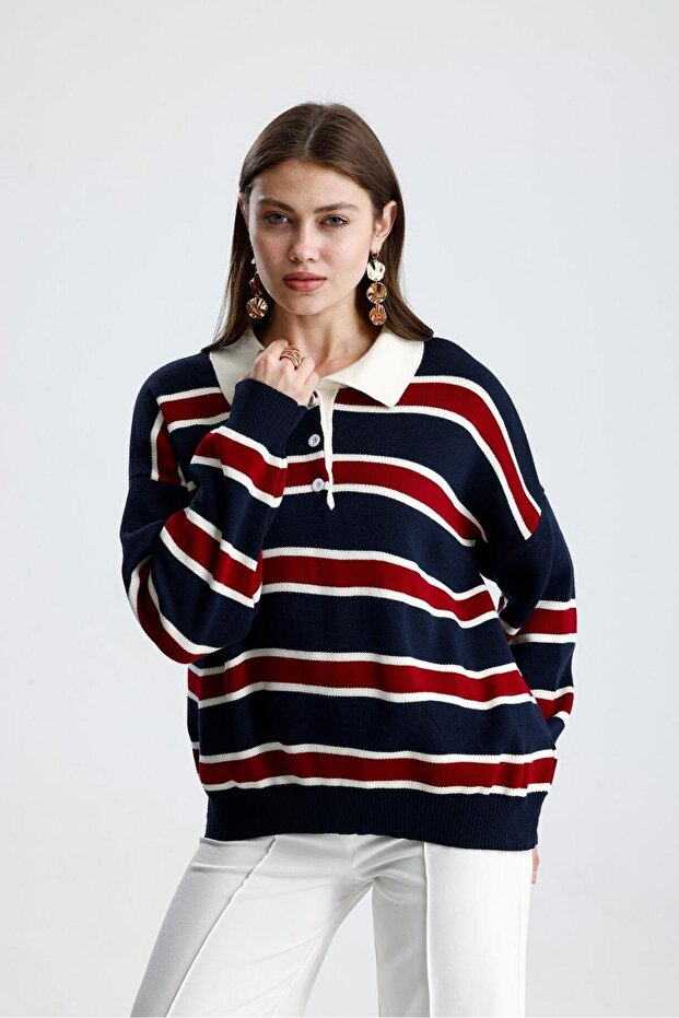 Striped Buttoned Polo Neck Women's Knit Sweater