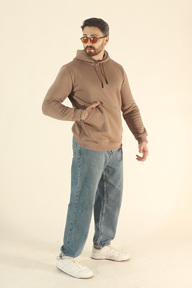 Men's Winter Soft Textured Fleece Lined Sweatshirt - Brown Regular Side Pocket Hoodie