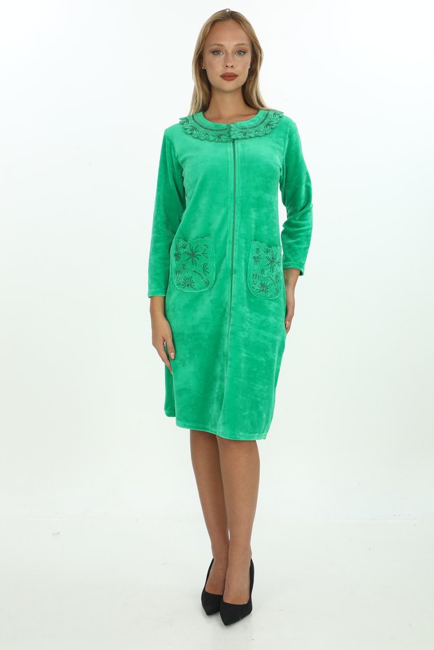 Baby Velvet Dress with Stone and Embroidery Detailing, Top Pocket and Zipper Closure