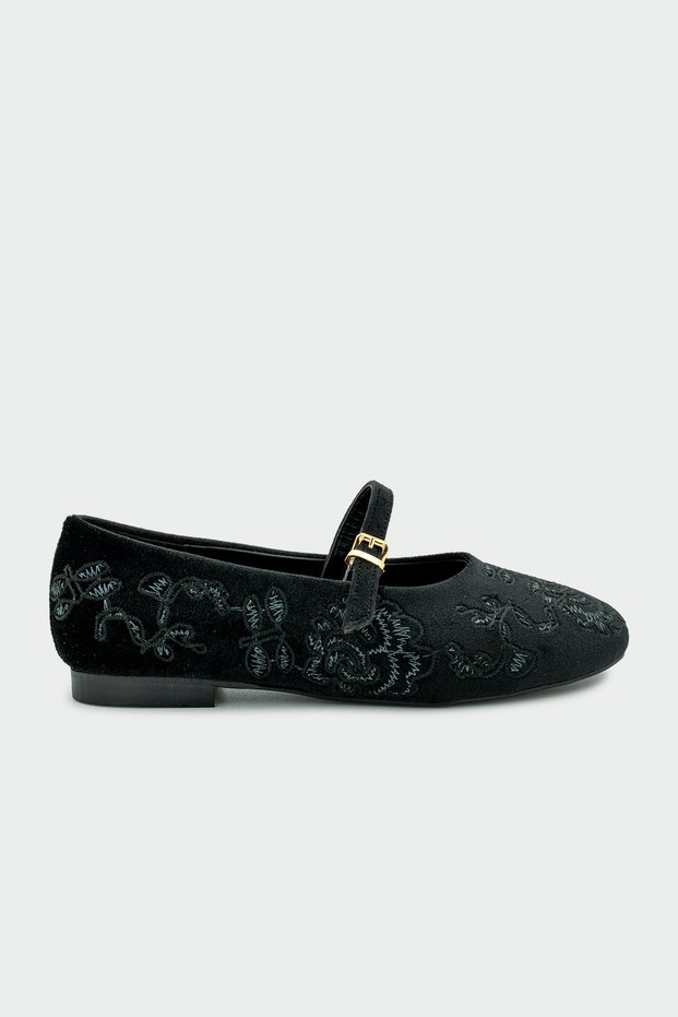 Semy Black Velvet Women's Ballerinas with Embroidery Detail