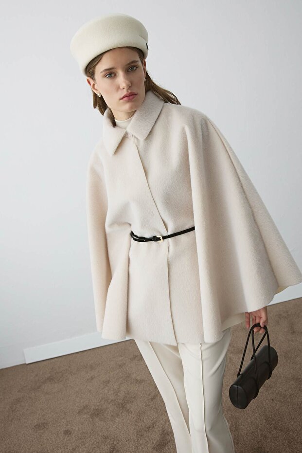 Suede Belt Detailed Cape Stone Coat