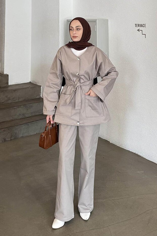 Belted Gabardine Suit Stone