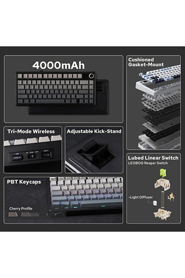 لوحة مفاتيح الألعاب الميكانيكية اللاسلكية F75 MAX مع شاشة TFT ومقبض (بلوتوث ثلاثي الوضع/USB-C/ - 7