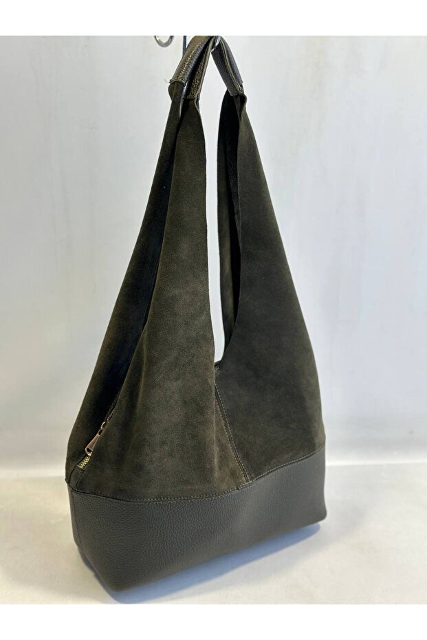 Women's Khaki Leather Shoulder Bag. Design Suede Side Zipper Long Shoulder Bag Ry319