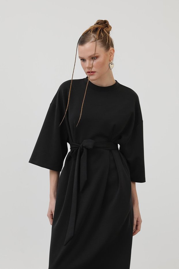 Women's Belt Detailed Basic Dress - 32170Elb - Black