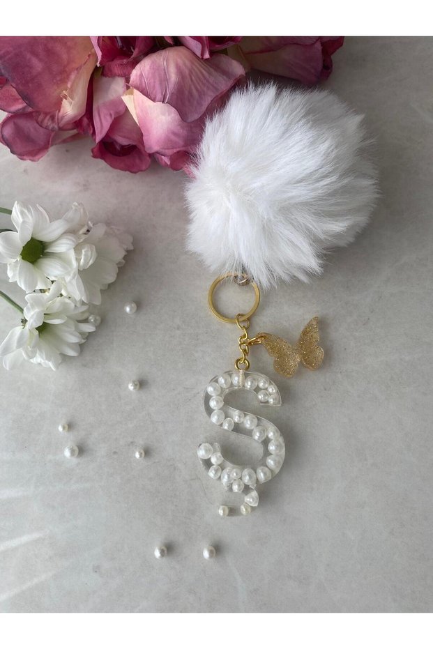 Letter S Pearl Detailed Keychain & Charm [with Pompom Option]