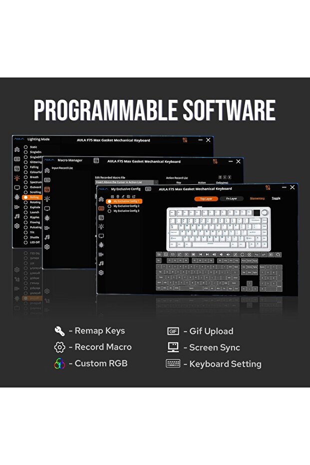 لوحة مفاتيح الألعاب الميكانيكية اللاسلكية F75 MAX مع شاشة TFT ومقبض (بلوتوث ثلاثي الوضع/USB-C/ - 3