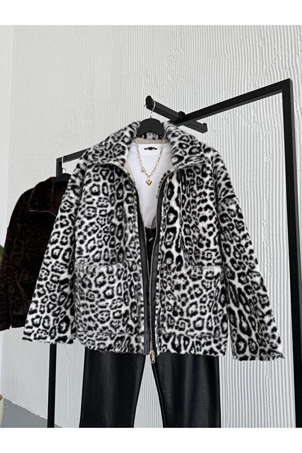 Zebra Patterned Zippered Plush Jacket - 1