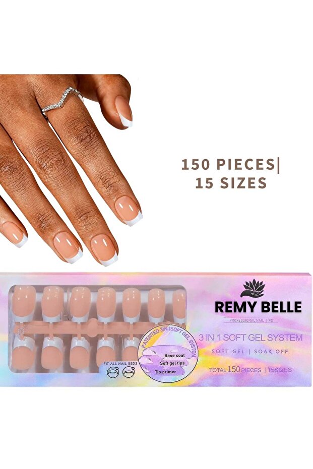 French Gel Nail Tips 150pc (15 Sizes) - White French Tip, Nude Square, Pre-Applied Base
