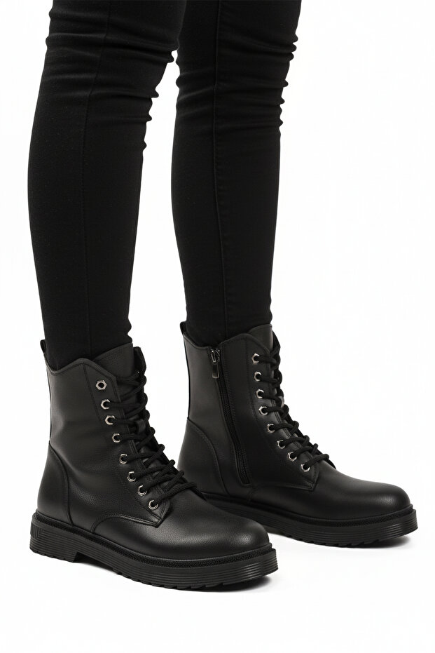 Black Leather Fur Laced Zippered Non-Slip Women's Boots 525383 Z