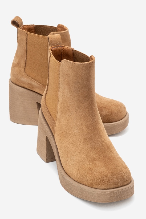 Lysa Tan Suede Elastic Genuine Leather Women's Platform Heeled Boots