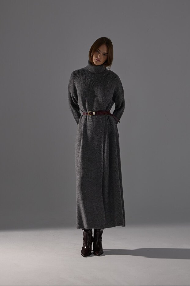 Yırtmaçlı Triko Tunik Gri - 6