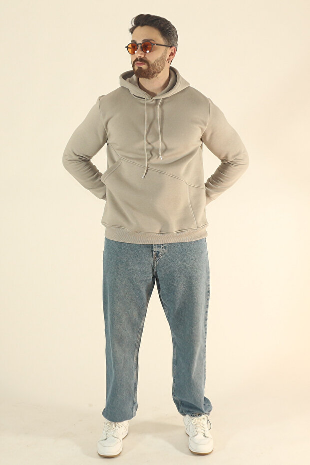 Men's Winter 3-Thread Side Pocket Puff Fabric Sweatshirt - Regular Fleece-Lined Hoodie
