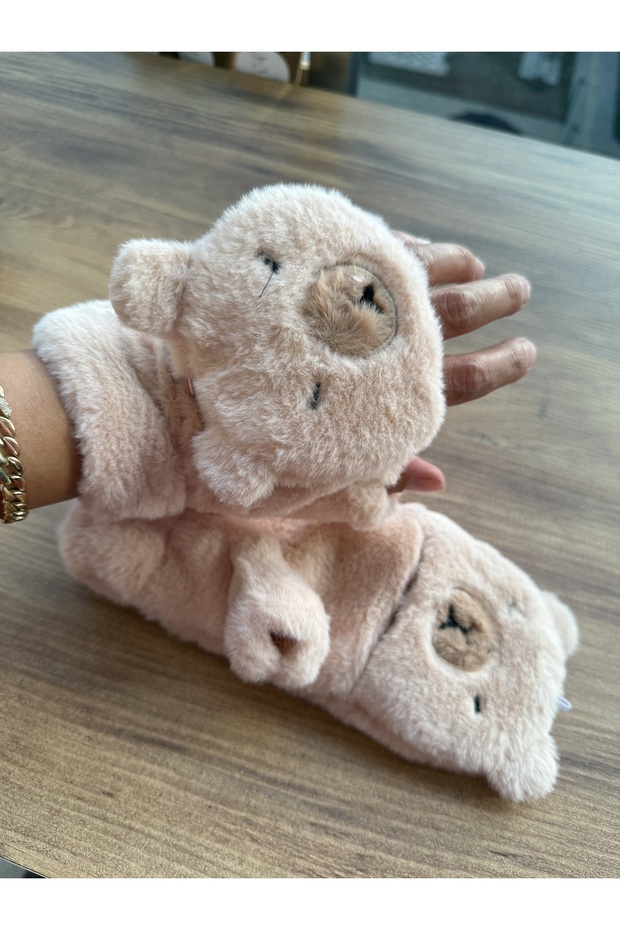 Winter Figured Young Adult Fingerless or Closed Powder Color Fluffy Plush Gloves