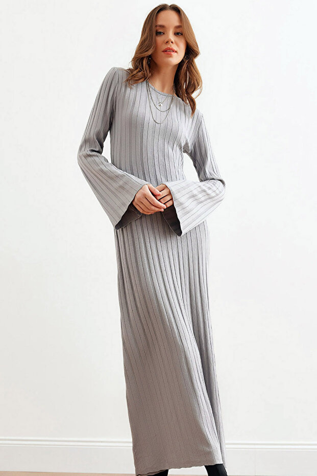 Regular Fit Rahat Yuvarlak Bisiklet Yakalı Uzun İspanyol Kollu Fitilli Günlük A-Line Triko Elbise - 4