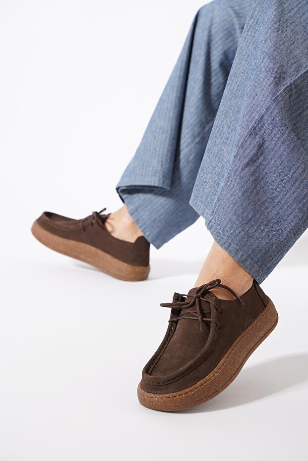 Polet Rubber Sole Women's Genuine Leather Shoes Brown Nubuck