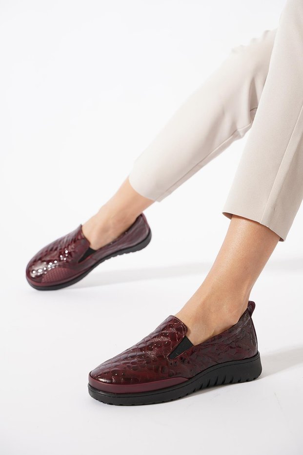 Futres Printed Moccasin Genuine Leather Women's Shoes Burgundy Patent Leather