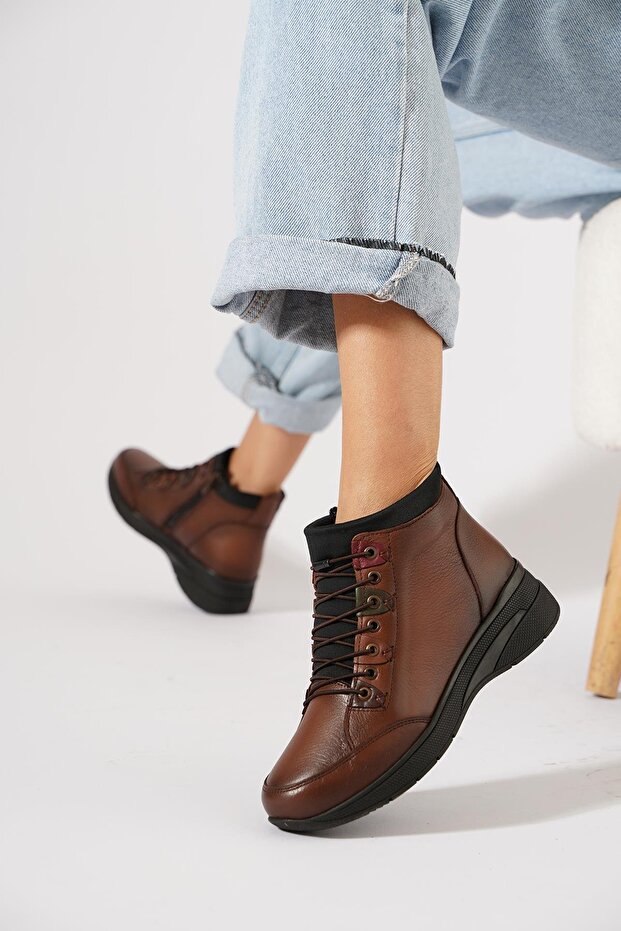 Nolma Rubber Tie Zippered Women's Genuine Leather Boots Tan Skin