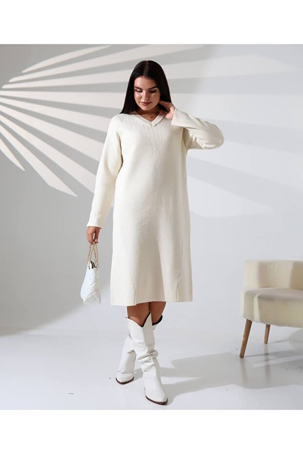 TRİKO KUMAŞ V YAKA MZUN KOLLU MİDİ BOY ELBİSE - 1